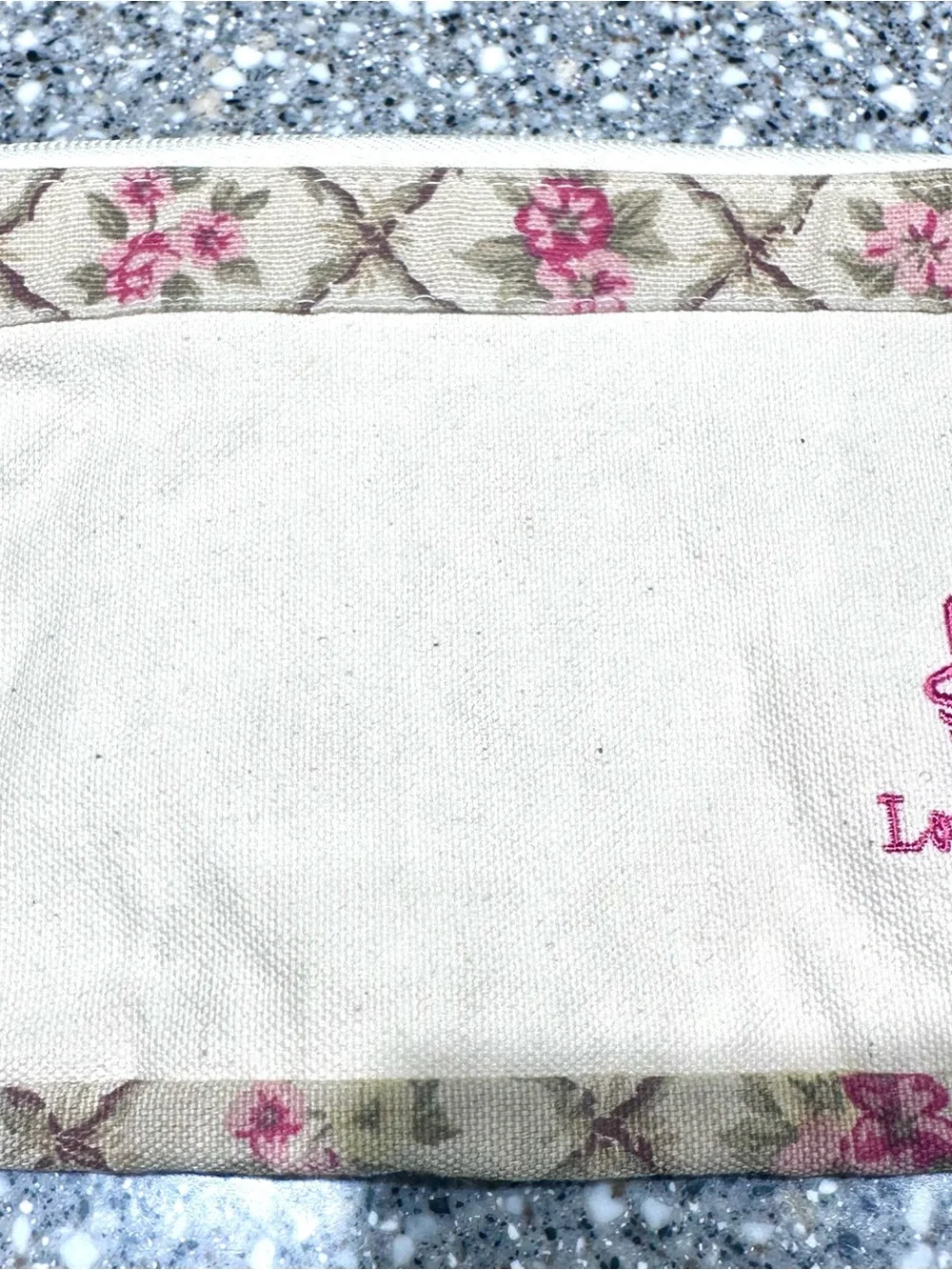 Longaberger Cream Canvas Cosmetic Pouch with Pink Floral Trim